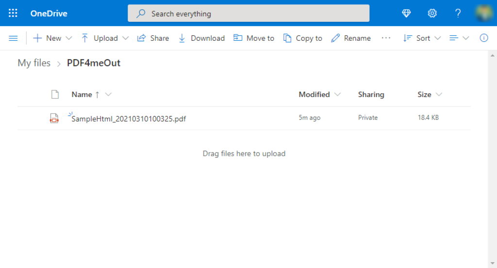 Output PDF file saved from PDF4me HTML to PDF action in OneDrive