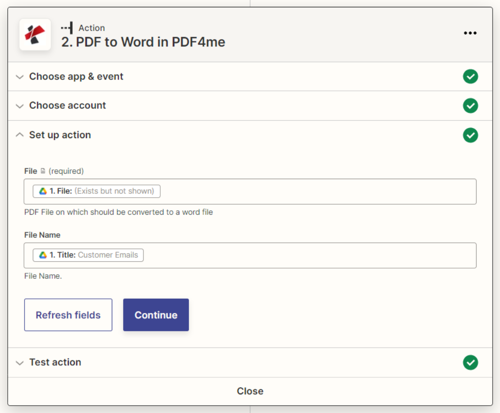 PDF4me PDF to Word action for Zapier