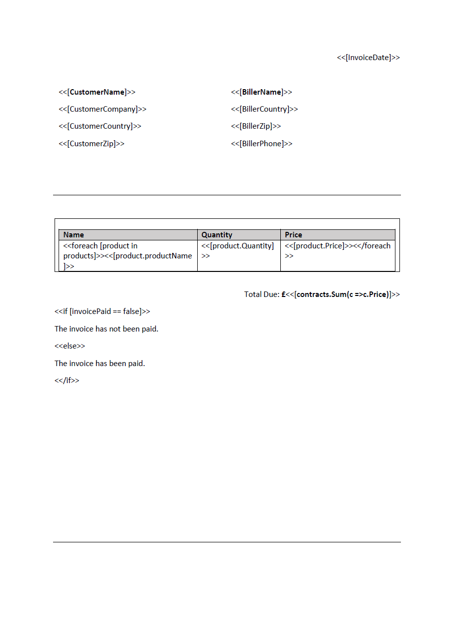Sample mail merge template for generating PDF invoices