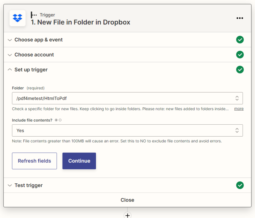 Dropbox trigger for HTML to PDF Zap
