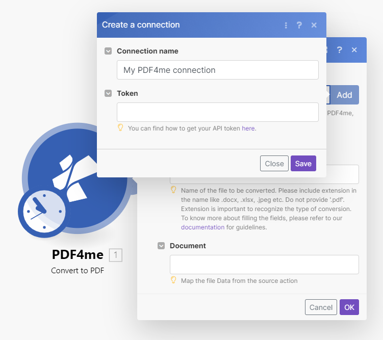 Make pop-up for adding the PDF4me Key