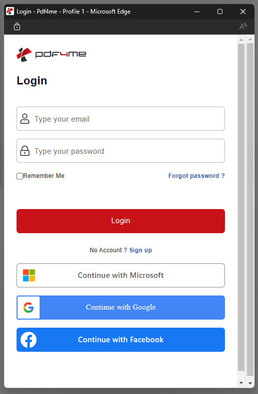 PDF4me Login window for connector authorization