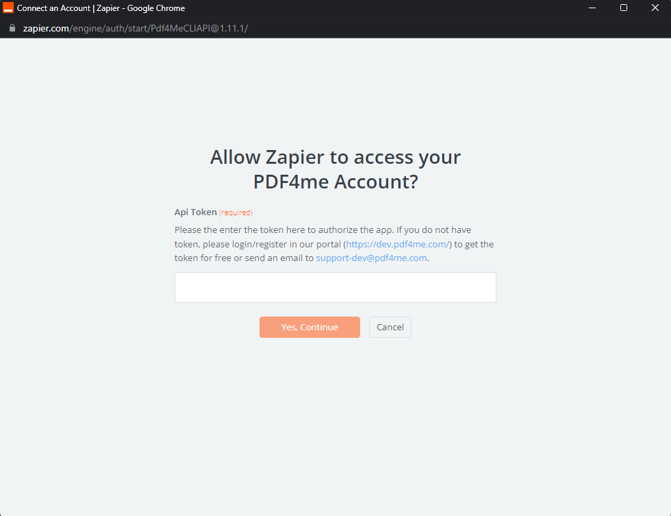 Zapier window for authorizing PDF4me