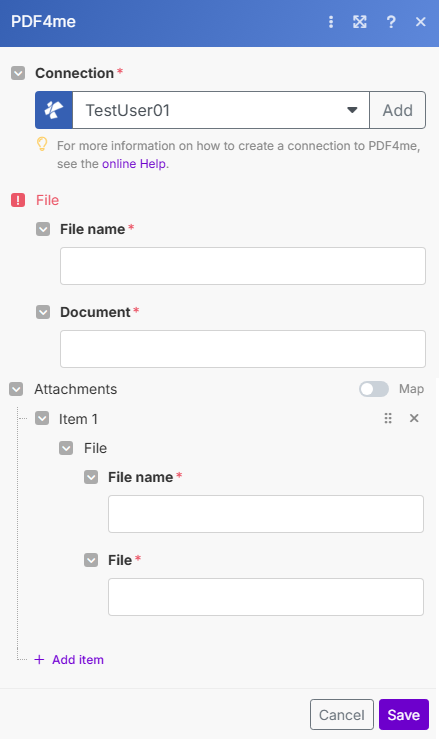 Add Attachment To PDF module in Make