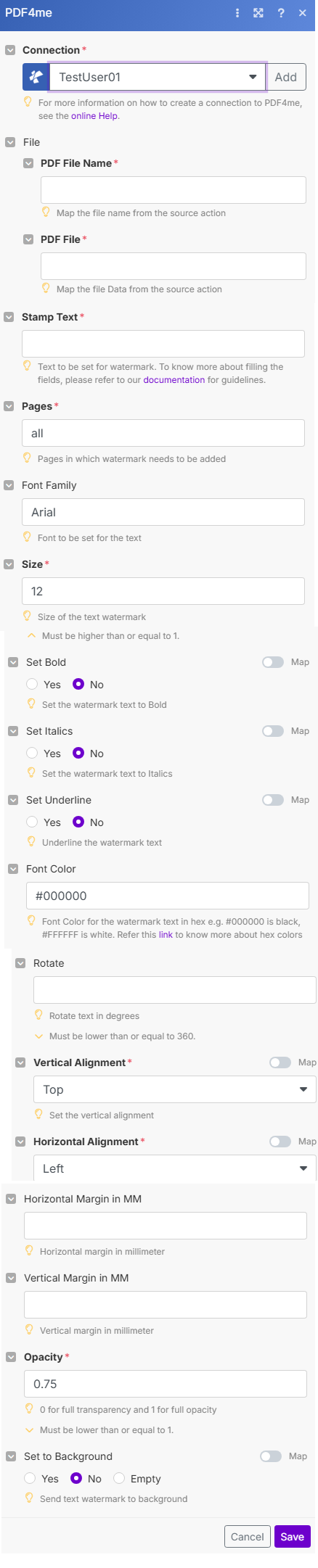 Add Text Watermark To PDF module in Make