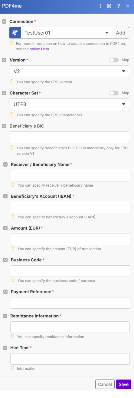 Generate EPC QR Code for SEPA payment module in Make