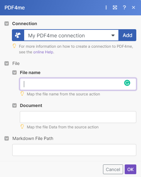 Markdown To PDF module in Make