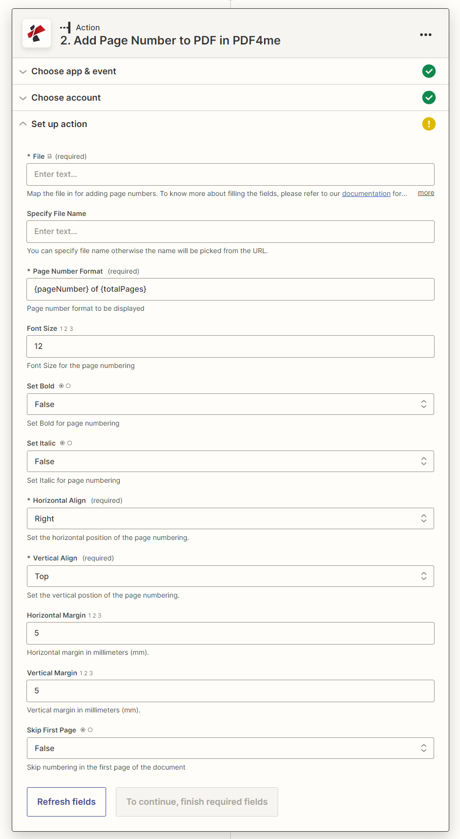 Add page number to PDf action in Zapier