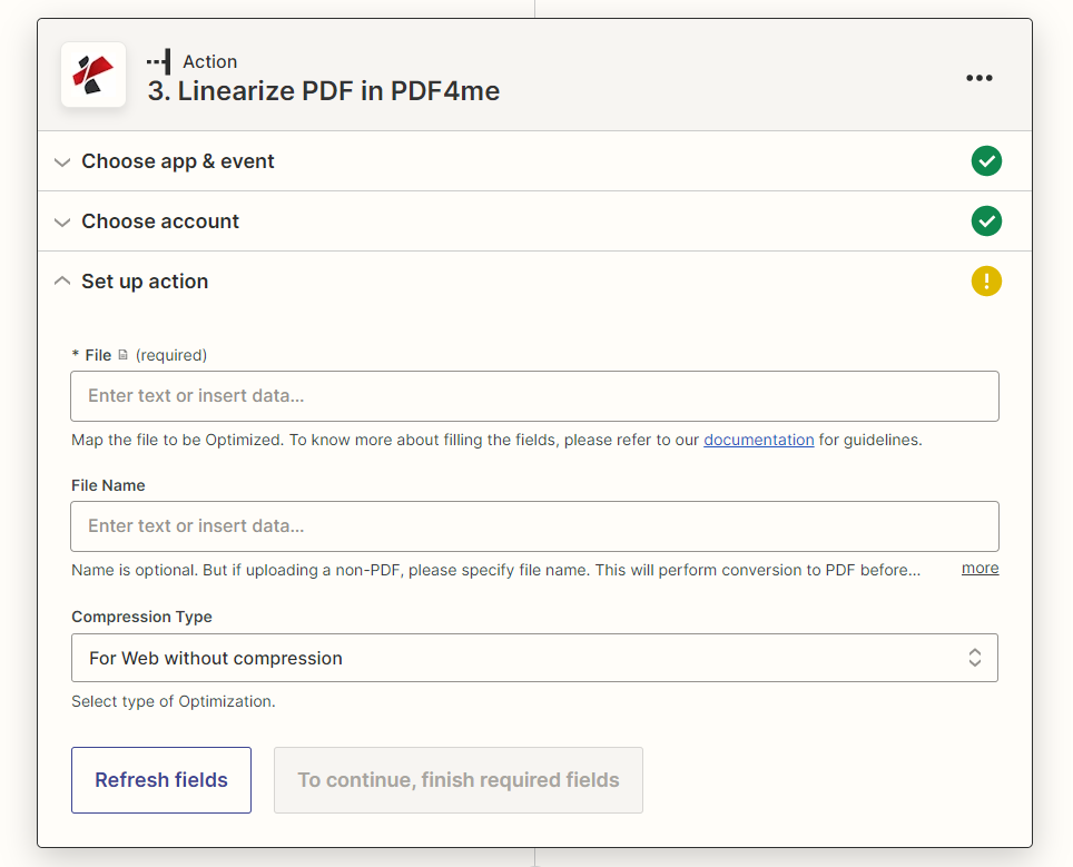 Linearize PDF action in Zapier