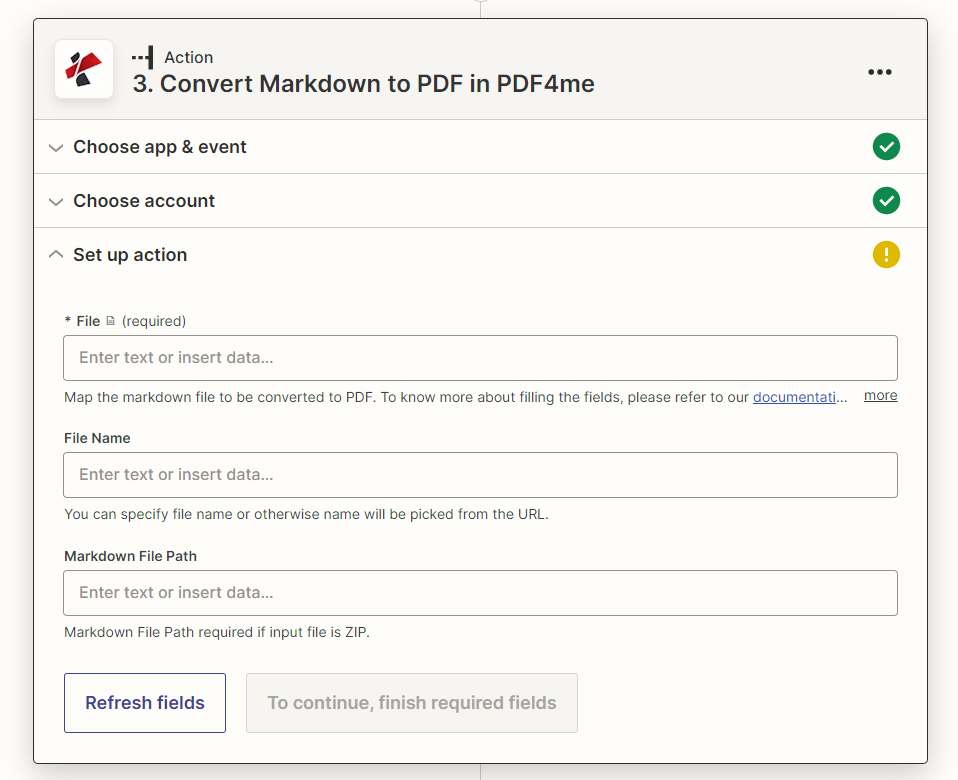 Markdown to PDF action in Zapier