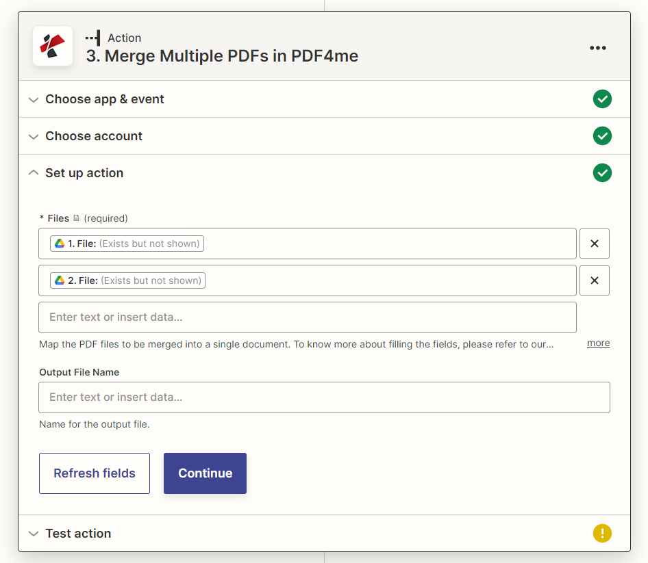 Merge PDFs action in Zapier